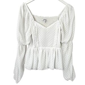 Express Swiss Dot Puff Sleeve Peplum Top XS White Sweetheart Ruffle Smocked
